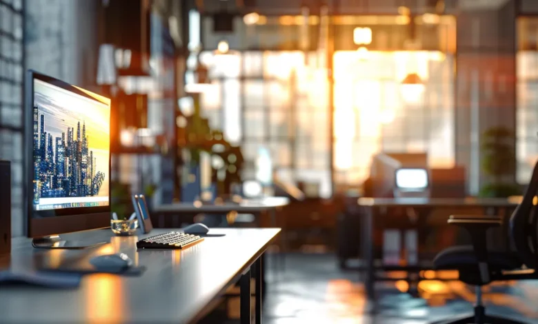 A workspace with a desk and computer monitor, highlighting an AI integration tool designed for efficient workflow.